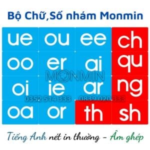 Chữ nhám Tiếng Anh - nét in thường âm ghép - Bộ 16 chữ MONMIN (Montessori Sandpaper Letters)